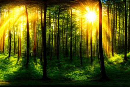 Sunset in the forest. Beautiful nature landscape with sunbeams. - AI Generatedの素材