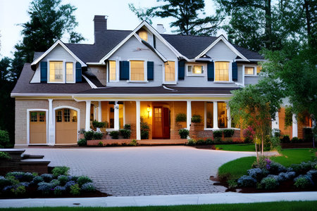 Beautiful new home with beautiful landscaping in front of the house - AI Generatedの素材