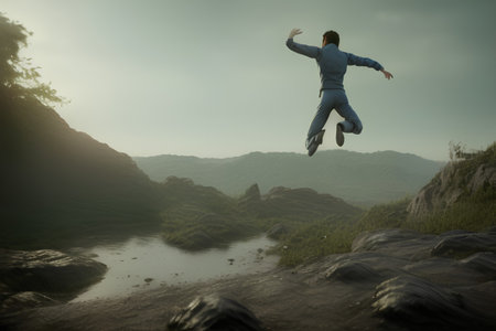 Businessman jumping over a cliff into a river, - AI Generatedの素材