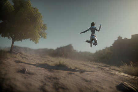 Young man jumping in the air on a dirt road in the desert - AI Generatedの素材