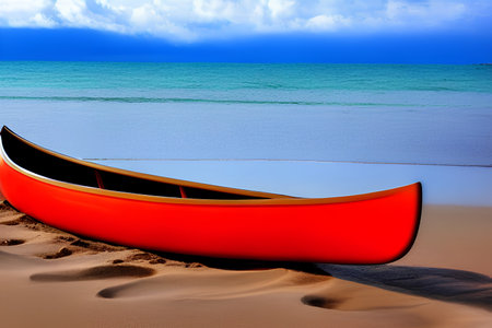 An image of a red canoe on a sandy beach in - AI Generatedの素材