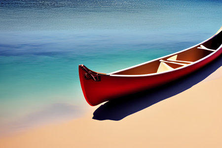 An image of a red canoe on the seashore in summer - AI Generatedの素材