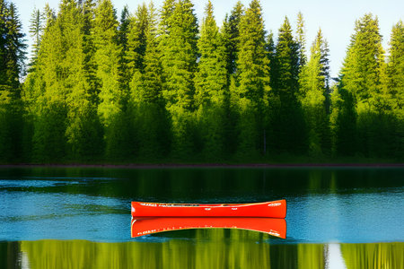 Red kayak on the lake with coniferous forest in the background - AI Generatedの素材