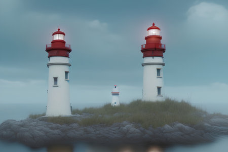 Two red and white lighthouses on the island. - AI Generatedの素材