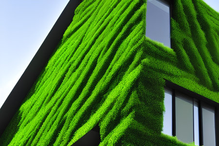 Green grass pattern on the facade of a modern office building, closeup of photo - AI Generatedの素材