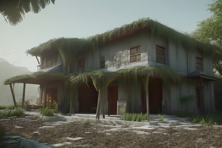 House in the tropics with a lot of green plants on the roof - AI Generatedの素材