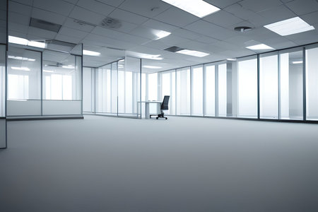 Empty office interior with glass walls and white floor. - AI Generatedの素材