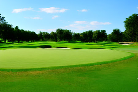 golf course with green grass and blue sky in - AI Generatedの素材