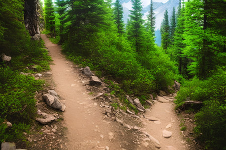 Hiking trail in the mountains. Beautiful summer landscape with mountain trail - AI Generatedの素材
