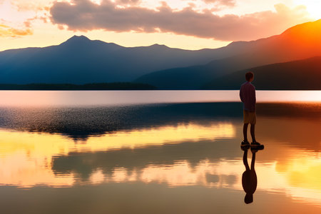 Man standing on the edge of a mountain lake and looking at the sunset - AI Generatedの素材