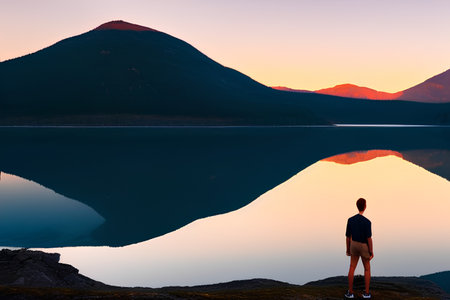Man standing on a rock and looking at the lake at sunset. - AI Generatedの素材