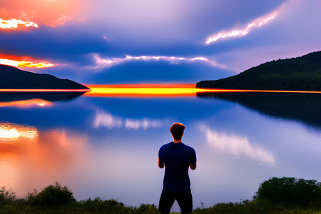 Man standing in front of a lake and looking at the sunset. - AI Generatedの素材