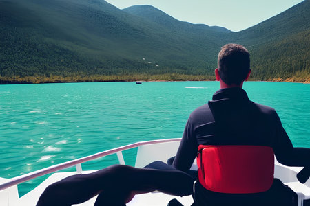 Man sitting on a boat and enjoying the view of turquoise lake. - AI Generatedの素材