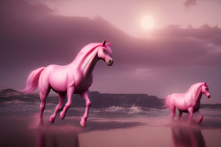pink horses on the beach at sunset, - AI Generatedの素材
