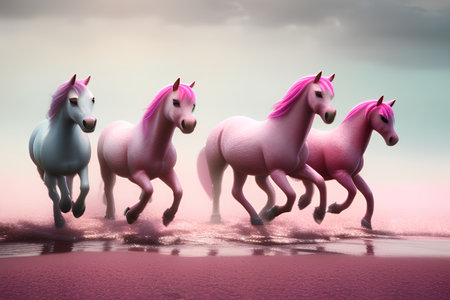 - AI Generated of pink and white horses running in the sunset skyの素材