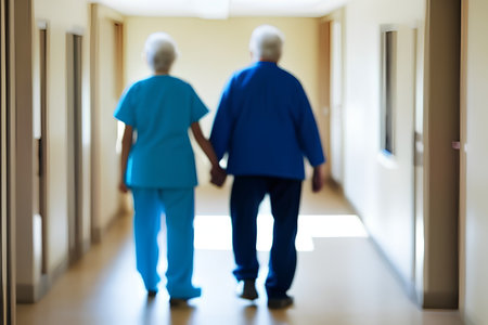 Senior couple walking in hospital corridor. Elderly people healthcare and medicine concept. - AI Generatedの素材