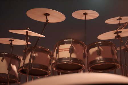 Drum set on stage, closeup of photo. Musical instruments - AI Generatedの素材