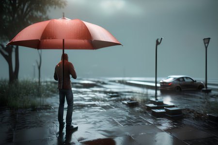 Man standing in rain with red umbrella. Rainy weather concept. - AI Generatedの素材