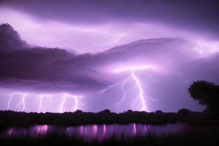 Lightning in the sky over the river at night, nature background - AI Generatedの素材