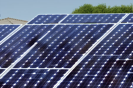 Solar panel, photovoltaic, alternative electricity source - selective focus, copy space - AI Generatedの素材