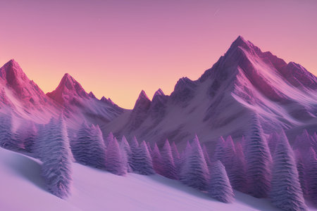 Winter landscape with snow covered trees and mountains at sunset. AI Generatedの素材