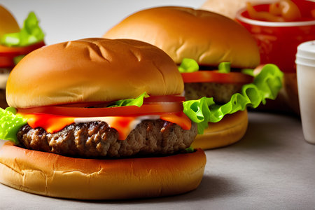 Homemade hamburgers with fresh vegetables and sauce on a gray backgroundAI Generatedの素材
