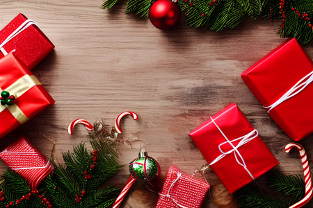 Christmas background with fir tree branches, presents and candy canes on wooden board - AI Generatedの素材