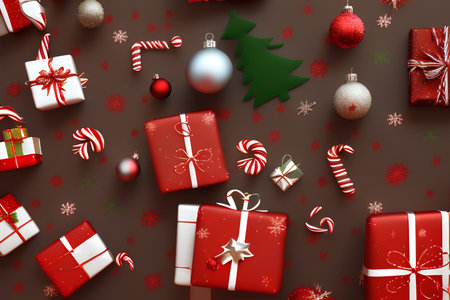 - AI Generated of christmas presents and ornaments on brown backgroundの素材