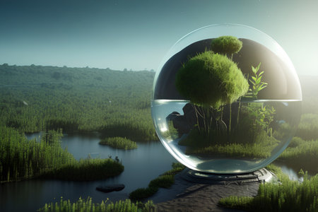 Glass sphere with green grass and trees in the water. - AI Generatedの素材