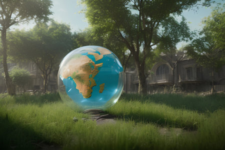 Globe on the grass with old house background. Global warming concept. - AI Generatedの素材