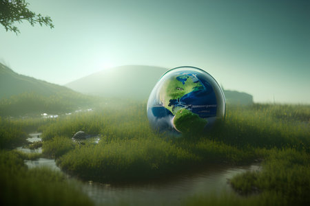 Globe on the grass with sunset background. - AI Generatedの素材