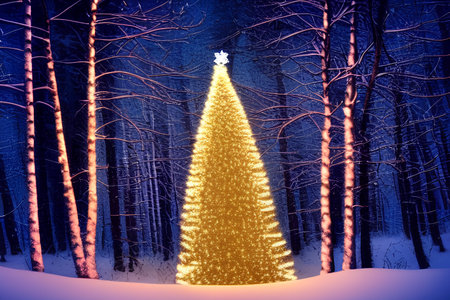 Christmas tree in the night forest. Christmas and New Year background. - AI Generatedの素材