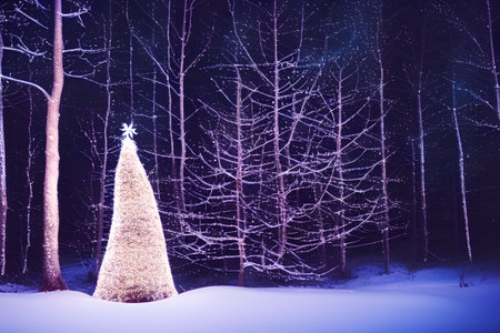 Christmas tree in the forest at night. Festive background for your design - AI Generatedの素材