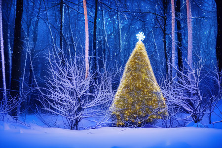 Christmas tree in the winter forest at night. Christmas and New Year background. - AI Generatedの素材
