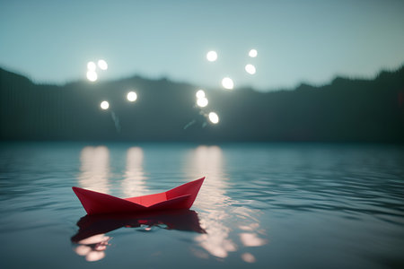 Red paper boat floating on the water at night. - AI Generatedの素材
