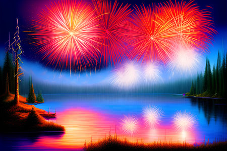 Fireworks in the night sky over the lake. - AI Generatedの素材