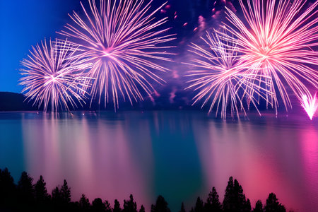Colorful fireworks of various colors over the water surface of the lake - AI Generatedの素材