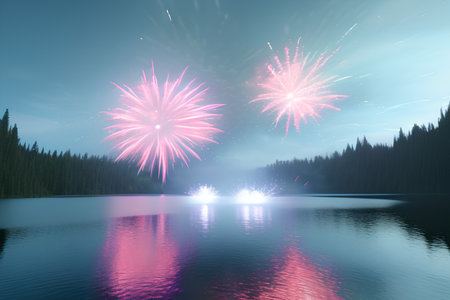 Colorful fireworks over a lake in the mountains with reflection in water - AI Generatedの素材