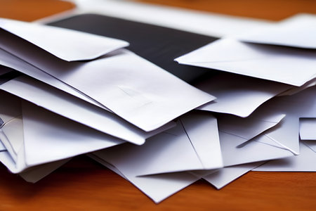 Stack of envelopes on a wooden table, close-up. - AI Generatedの素材