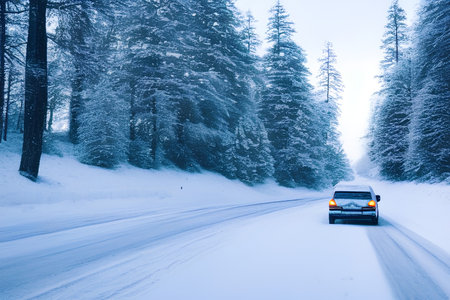 Car driving on winter road with snow covered trees. Car on winter road. - AI Generatedの素材