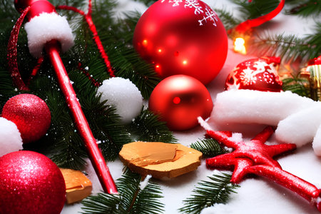 Christmas decoration with fir tree branches and red balls on white snow background - AI Generatedの素材