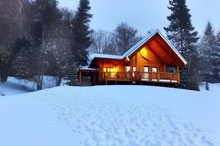 Wooden house in the winter forest in the mountains. beautiful winter landscape. - AI Generatedの素材