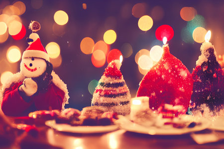 christmas, holidays, new year and celebration concept - smiling snowman with santa hat and cookies over lights background - AI Generatedの素材