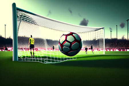 Soccer player against football pitch under blue sky with clouds 3dの素材