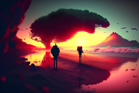 Fantasy landscape with a silhouette of a man standing on the beach at sunsetの素材