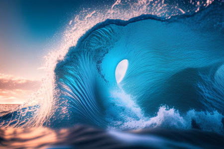 Surfing ocean wave at sunset time. 3D Rendering.の素材