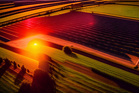 solar energy in the field at sunset, beautiful photo digital pictureの素材
