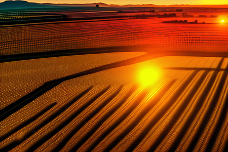 Sunset over a field of solar cells. 3d rendering.の素材