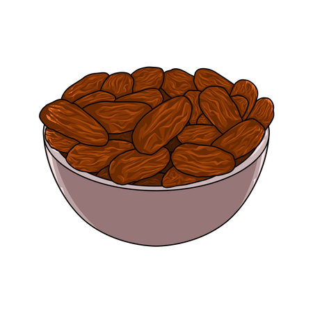 Dates for Iftar Party. Vector illustration of dried dates Ramadan Iftar food on the bowl. Isolated on white backgroundのイラスト素材