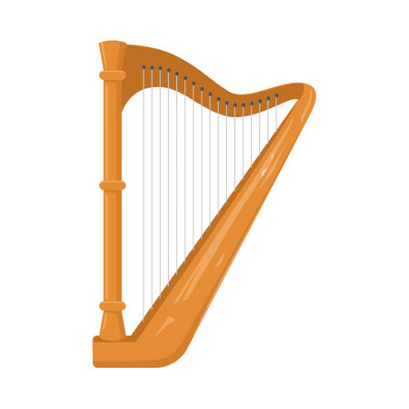 Wooden harp isolated on white background. Classical string musical instrument. Simple vector illustration. Harp icon. Musical cartoonのイラスト素材